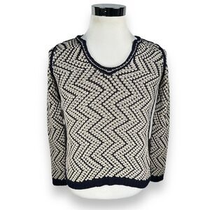 Tory Burch Crochet Tunic Sweater Womens XS Navy Beige Zig Zag Rayon V-Neck Knit